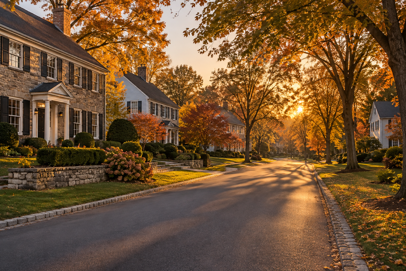 An upscale West Chester, Pennsylvania neighborhood street at golden hour, illustrative