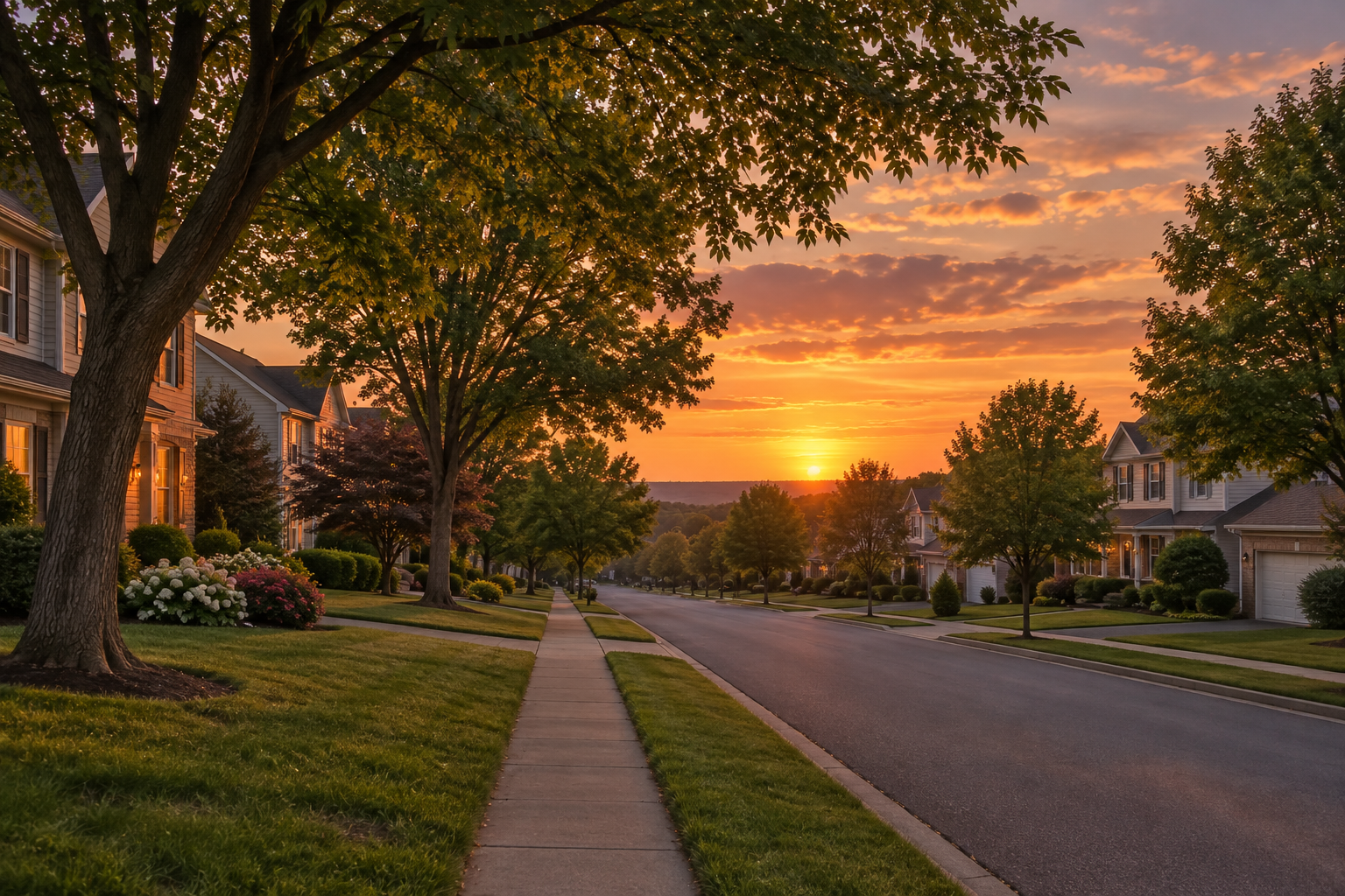 A West Chester, PA street at sunset, illustrative