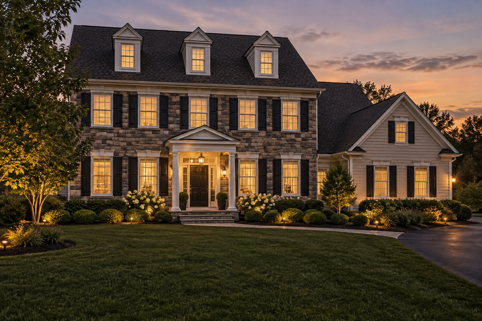 A West Chester, PA home exterior at dusk, illustrative